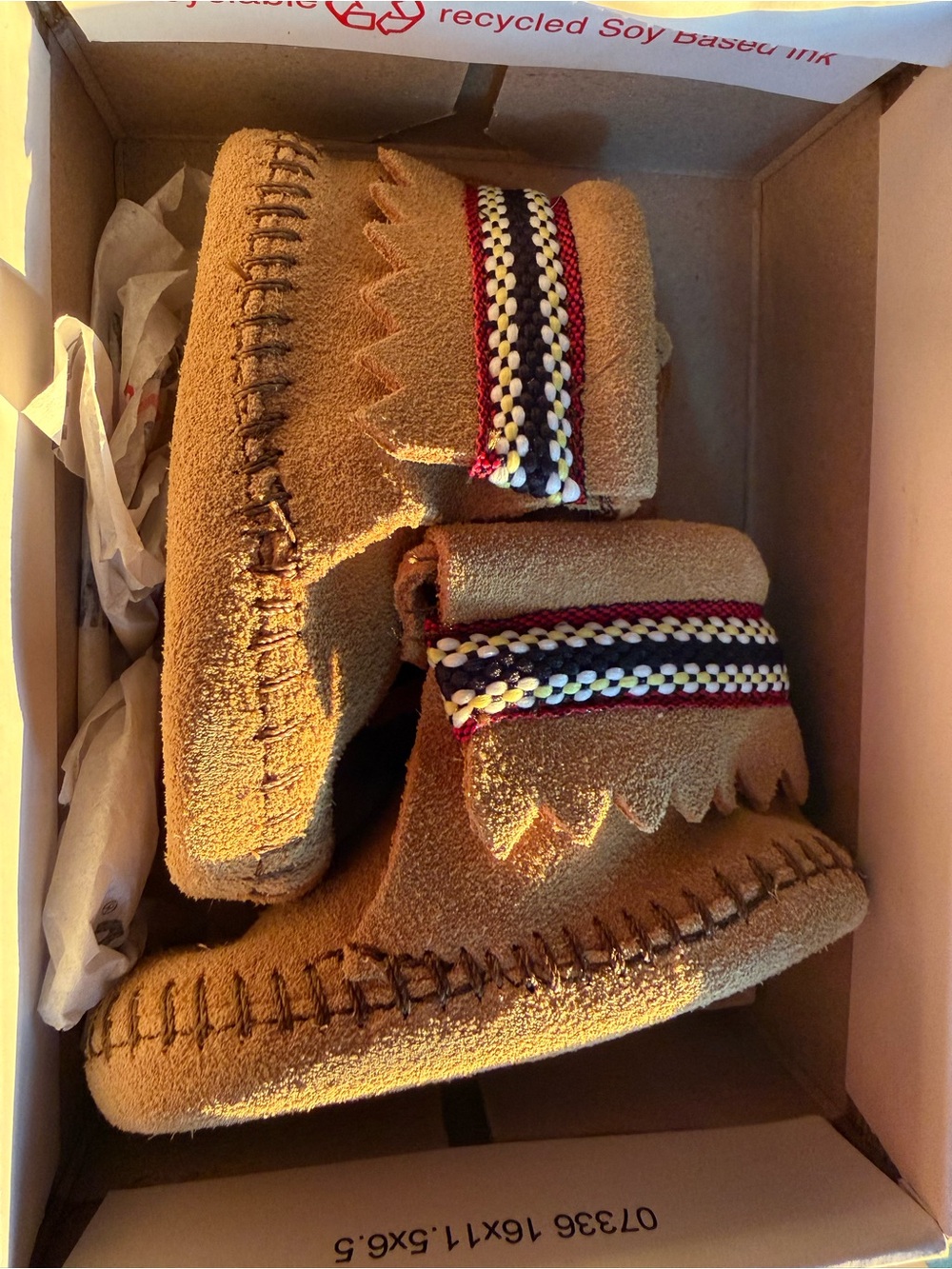 Minnetonka Kids Tan Suede Moccasins with Red, Navy & Cream Braided Trim